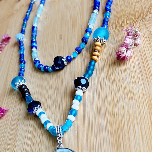 Multi Gemstone Layered Statement Necklace with Lapis Lazuli - Aquamarine - Picture 4 of 10